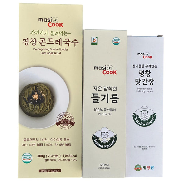 韓國 masiCook 平昌貢德麵 冷壓紫蘇油 熟食野菜醬油 套裝 Korea masiCook Pyeongchang Gondre Noodles Perilla Oil Vegetable Soy Sauce Set