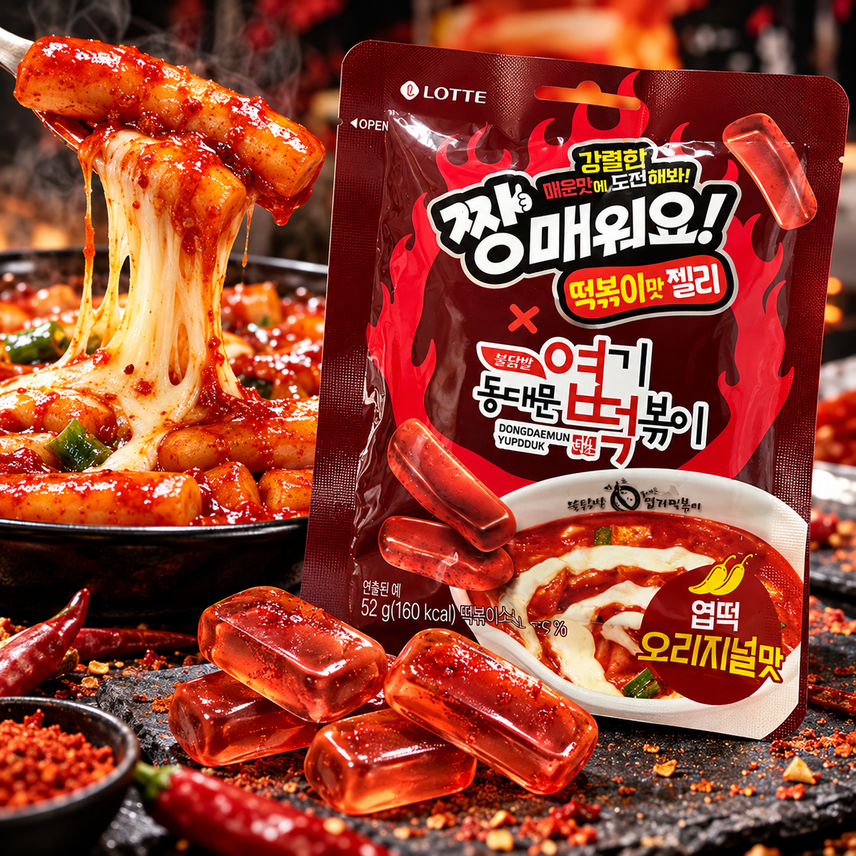 韓國LOTTE樂天 × 東大門獵奇辣炒年糕聯名 超刺激香辣年糕味QQ軟糖 짱매워요! 떡볶이맛 젤리 엽떡 오리지널맛 52g 平行進口 此日期或之前食用:2027年08月25日
