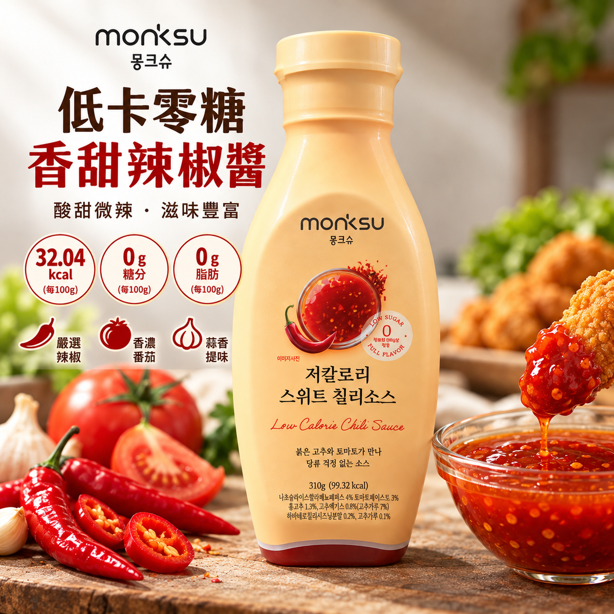 韓國 MONKSU 蒙克樹 低卡零糖 阿洛酮糖粉 香甜辣椒醬 저칼로리 스위트 칠리소스 310g 平行進口 此日期或之前食用:2027年09月09日