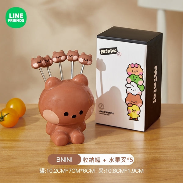 LINE FRIENDS 不銹鋼 水果蛋糕叉 連收納罐 Stainless Steel Fruit Cake Fork with Storage Jar <LINE_0082>