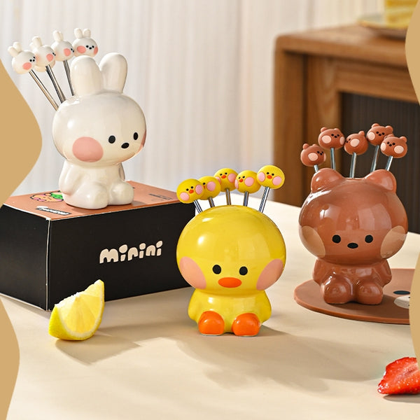 LINE FRIENDS 不銹鋼 水果蛋糕叉 連收納罐 Stainless Steel Fruit Cake Fork with Storage Jar <LINE_0082>