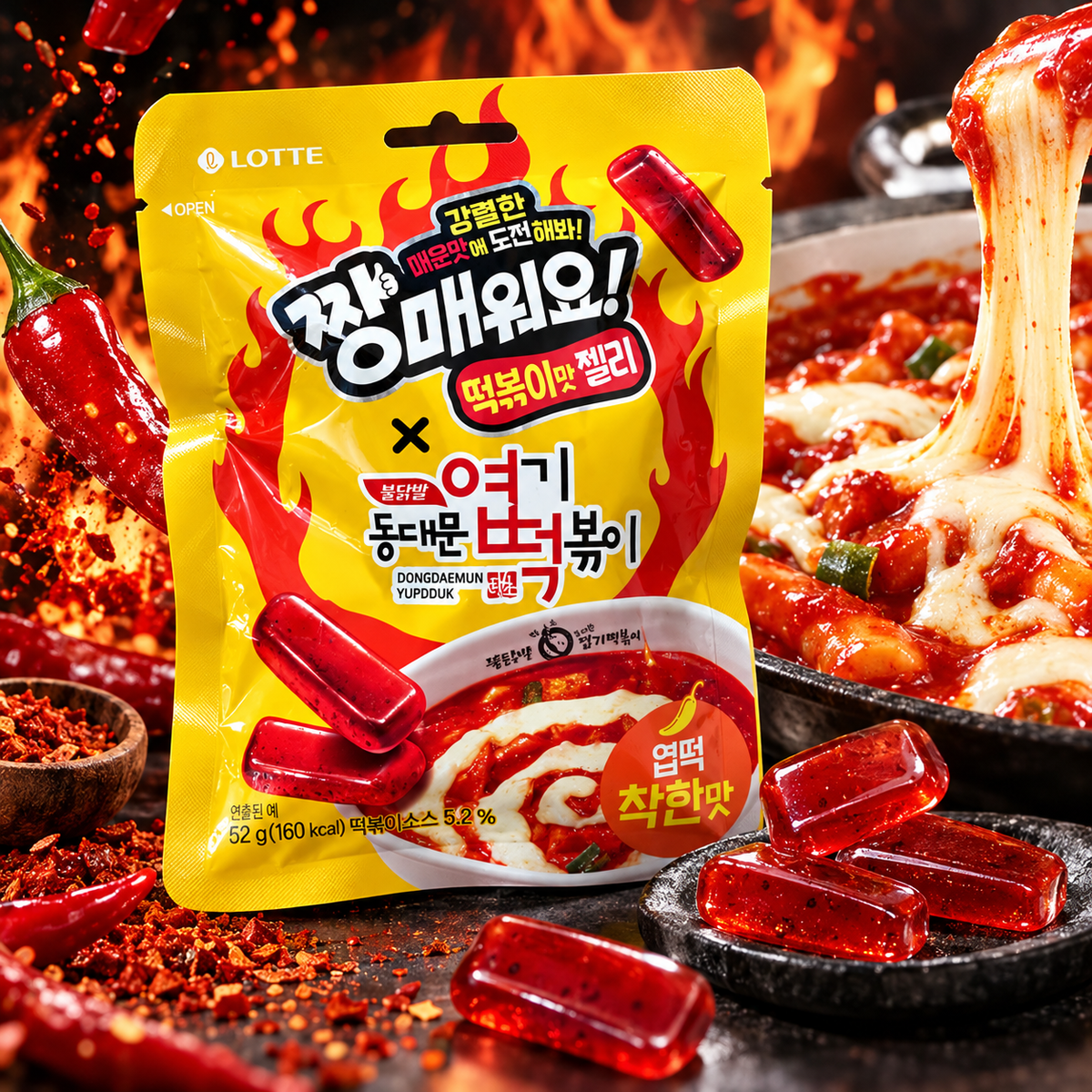 韓國LOTTE樂天×東大門獵奇辣炒年糕聯名 超人氣韓式甜辣年糕風味QQ軟糖 짱매워요! 떡볶이맛 젤리 착한맛 52g 平行進口 此日期或之前食用：2027年08月23日