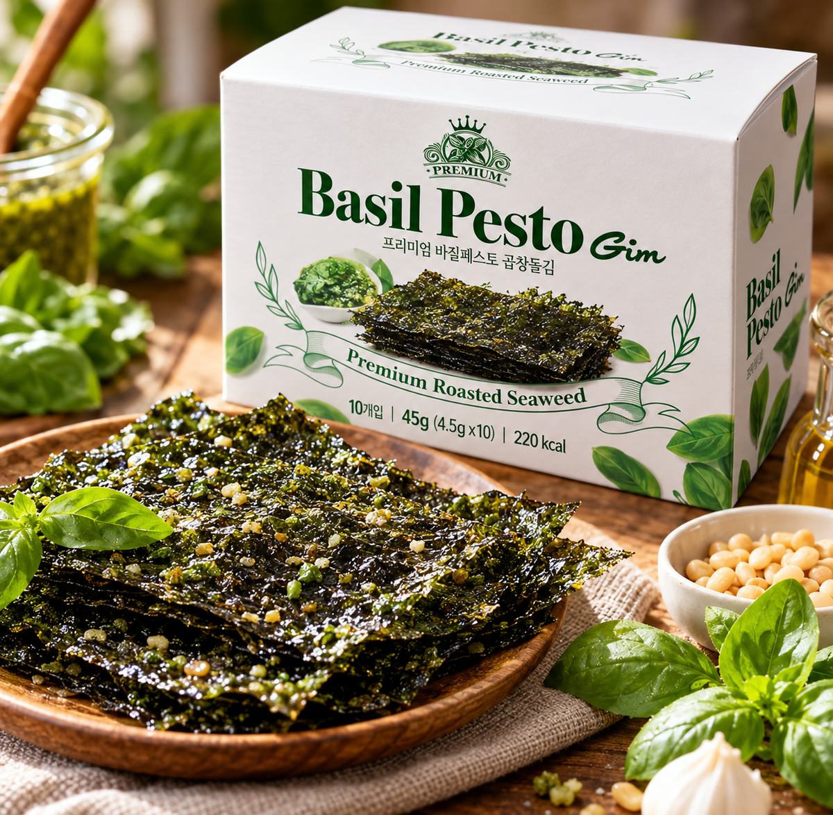 韓國香濃羅勒青醬風味香脆烤紫菜 프리미엄 바질페스토 곱창돌김 4.5g×10包 平行進口 此日期或之前食用：2027年08月04日
