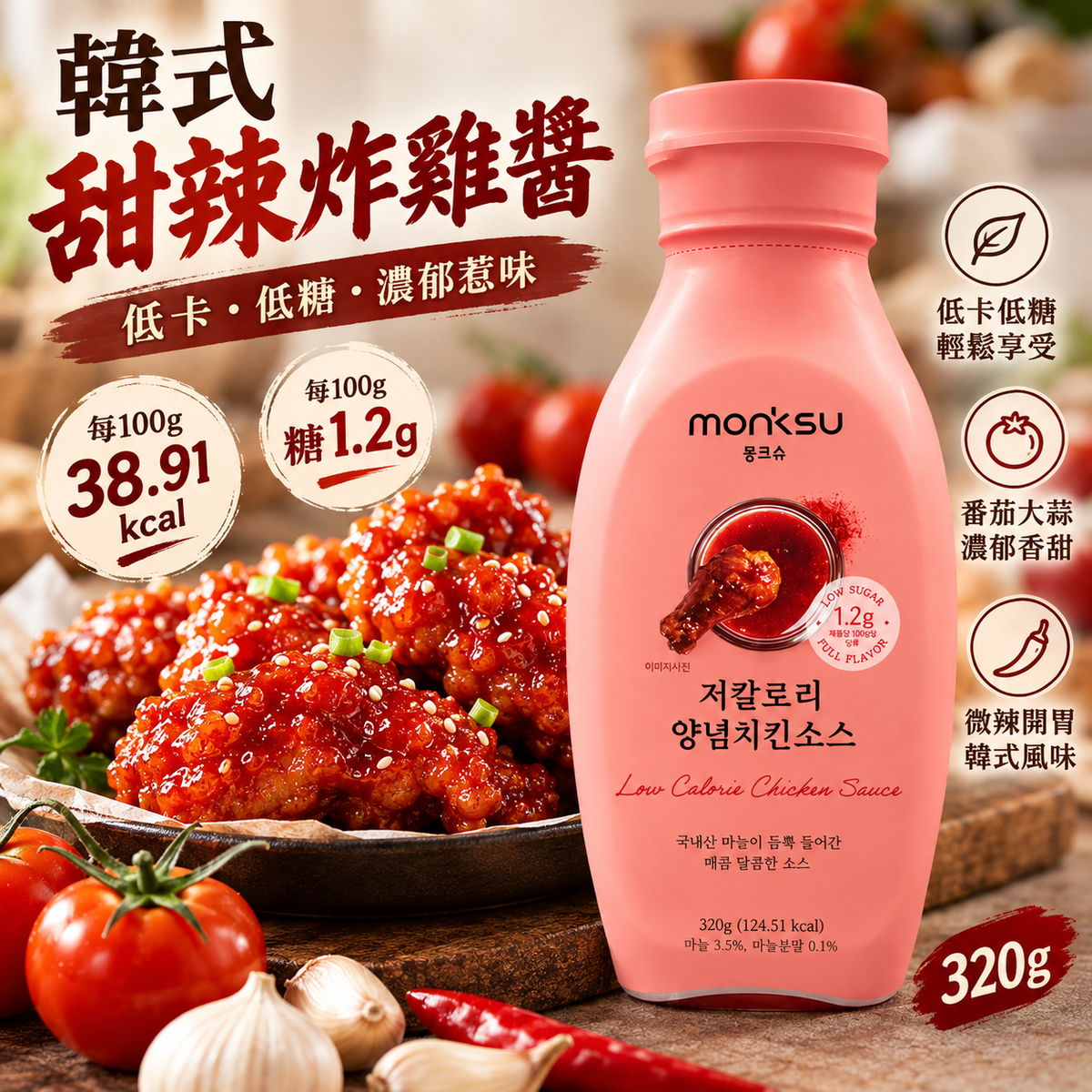 韓國 Monksu 蒙克秀 低卡低糖 阿洛酮糖粉 韓式甜辣炸雞醬 저칼로리 양념치킨소스 320g 平行進口 此日期或之前食用：2027年09月09日